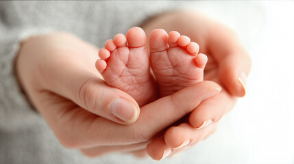 Baby foot held by adult hand, close up of tiny toes and soft skin, symbolizing care, protection, and tenderness in warm and gentle moment