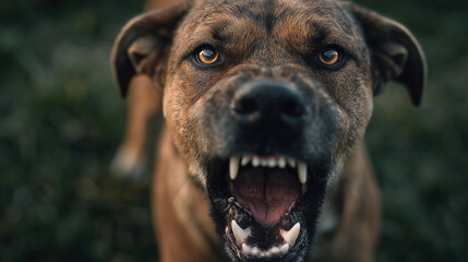 Aggressive brown dog with sharp teeth snarling and showing fierce expression in outdoor natural environment