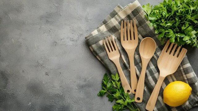 Wooden kitchen utensils, lemon, and parsley on a textured surface