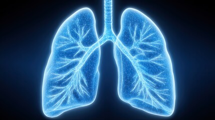 Digital 3D rendering of human lungs showcasing the respiratory system on a dark background