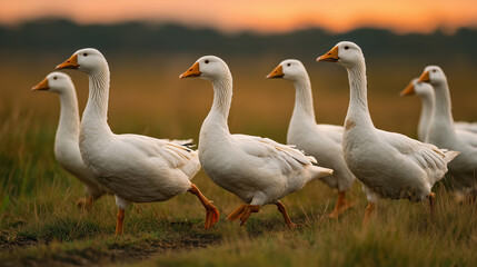 Obraz premium Group of white geese walking through green grass at sunset with warm orange sky in background, creating peaceful and natural outdoor scene