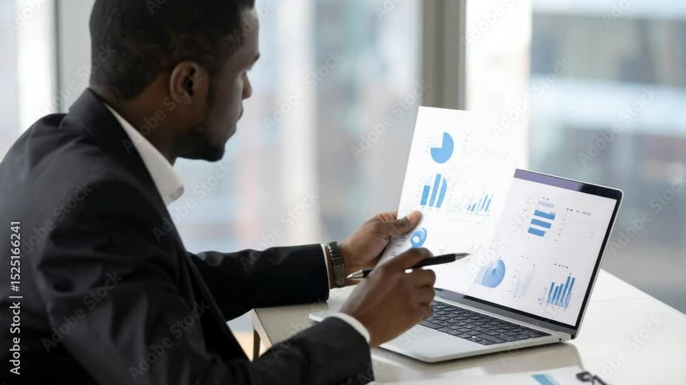 Poster analyzing analytics: a focused professional reviews financial data, examining charts and graphs on b