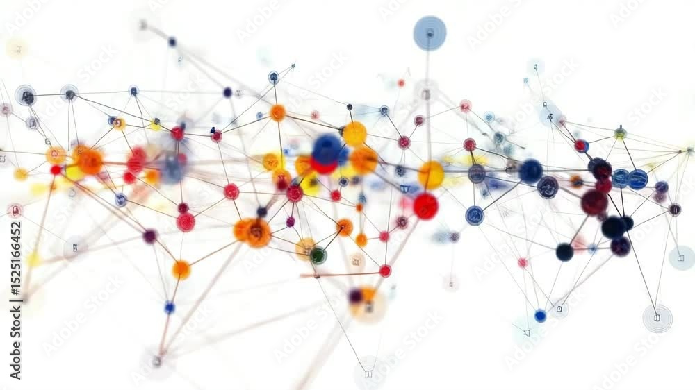 Poster exploring data visualization through abstract connections and vibrant colors in a digital landscape