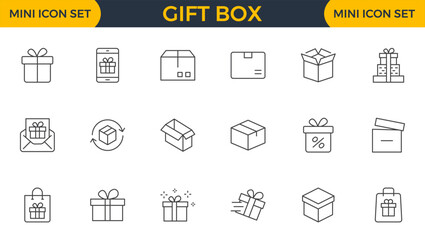Set of Gifts Related Vector Line Icons. Contains such Icons as Gift Card, Present Offer, Ribbon and more. Quality Icons that Enhance Branding, Digital Designs, and Print Media
