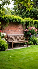Naklejka premium Garden Bench with Brick Wall, and Flowers.