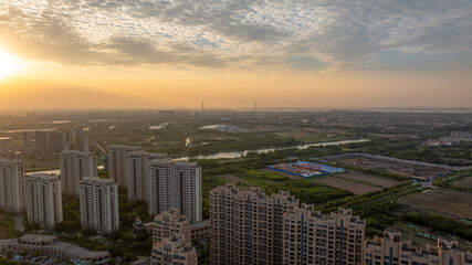 The scenery of city sunset and evening glow