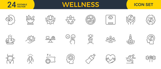 Wellness editable stroke outline web icons set. Healthy habits, yoga, spa, aromatherapy, relaxation, sleep, exercise and diet. Vector illustration