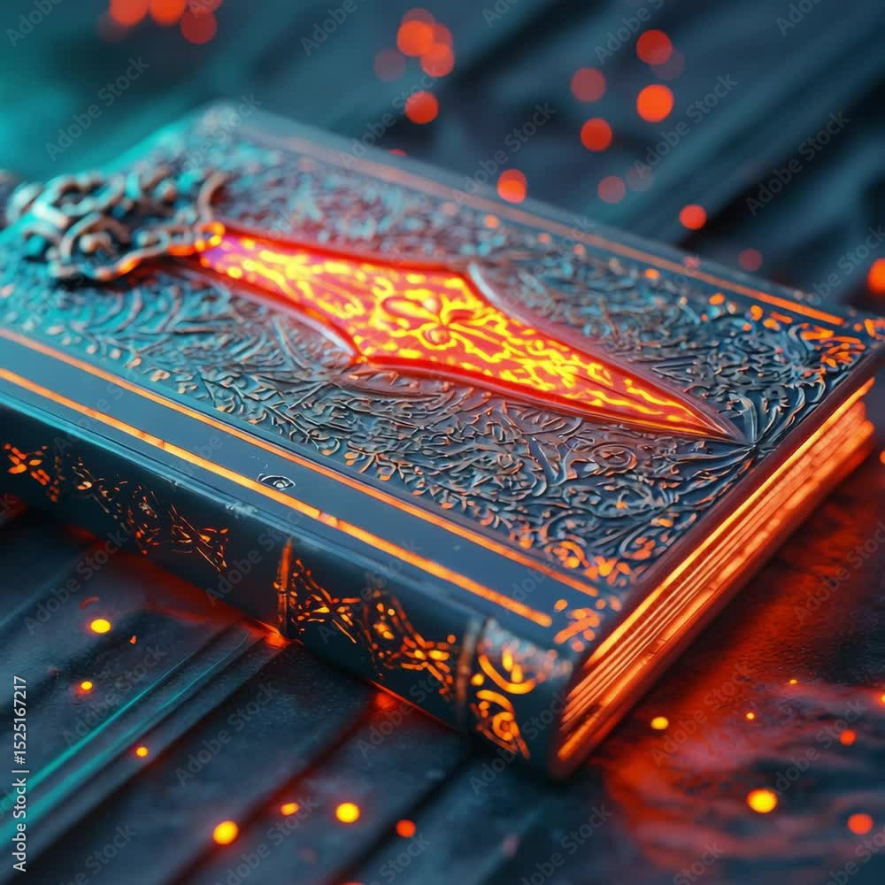 Poster enigmatic book with glowing cover displayed on a dark surface surrounded by shimmer in a mystical se