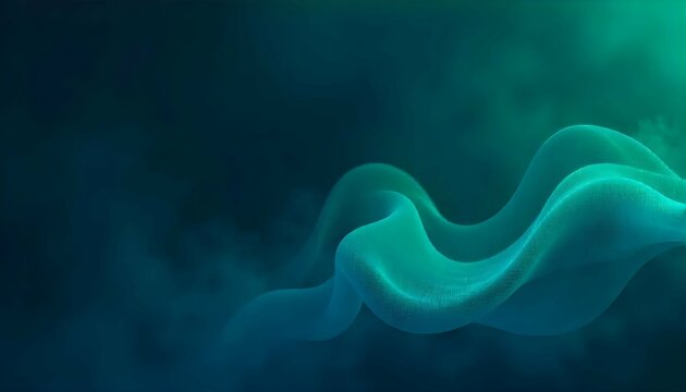 Abstract 3D render of a flowing, translucent teal wave on a dark, smoky background. Ideal for technology, data, music, or modern digital design