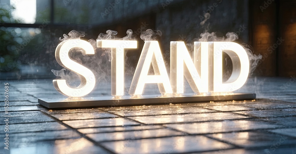 Poster illuminated word stand emits smoke. wet tiles reflect light, creating dramatic visual effect. dark b