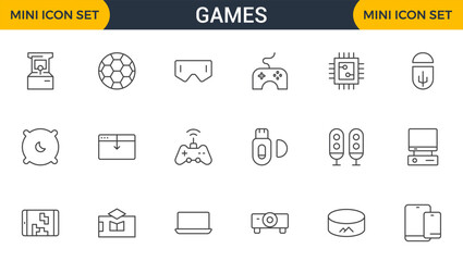 Games outline icon set. Gaming icon elements containing points and life bars, console, player, chess, multiplayer, casino and mobile game icons.video games, gaming, technology, gadget, esport.