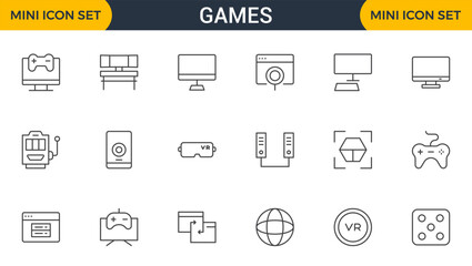 Games outline icon set. Gaming icon elements containing points and life bars, console, player, chess, multiplayer, casino and mobile game icons.video games, gaming, technology, gadget, esport.