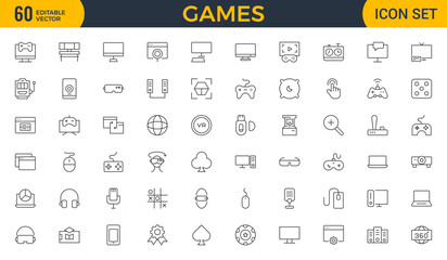 Games outline icon set. Gaming icon elements containing points and life bars, console, player, chess, multiplayer, casino and mobile game icons.video games, gaming, technology, gadget, esport.
