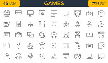 Games outline icon set. Gaming icon elements containing points and life bars, console, player, chess, multiplayer, casino and mobile game icons.video games, gaming, technology, gadget, esport.
