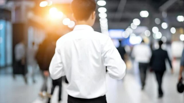 Navigating the Modern Metropolis: A solitary figure strides confidently amidst a sea of blurred movement, conveying a sense of purpose and determination in the heart of a bustling urban landscape.