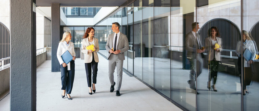 Business team walking and discussing work in office corridor. Modern copyspace.
