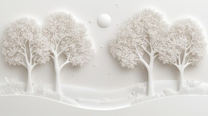 Whimsical, white landscape with trees