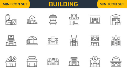Set of outline icons related to buildings. Linear icon collection. Editable stroke. Vector illustration
