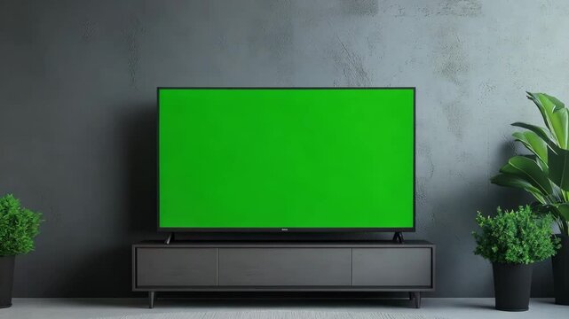 A green screen is set up in a contemporary living room featuring potted plants and minimalist decor, ideal for video production