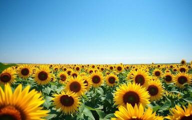 Obraz premium Sunflower field wallpaper in seamless floral pattern. Vivid yellow blooms, clear blue sky, DSLR clarity, soft lighting, no vignette, no people, perfect for high-resolution use.