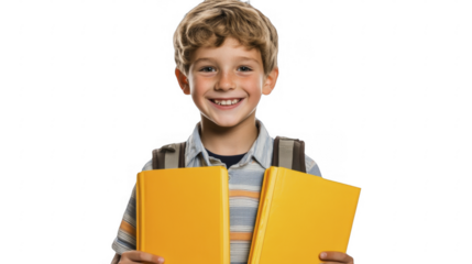 Smiling schoolboy with yellow books on a transparent background, PNG image, PNG file.