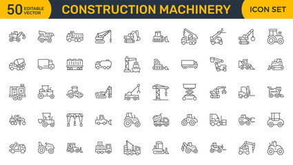 Set of outline icons related to construction machinery. Linear icon collection. Editable stroke. Vector illustration