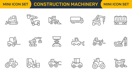 Set of outline icons related to construction machinery. Linear icon collection. Editable stroke. Vector illustration © Iconicly