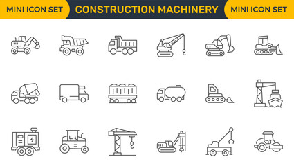 Set of outline icons related to construction machinery. Linear icon collection. Editable stroke. Vector illustration