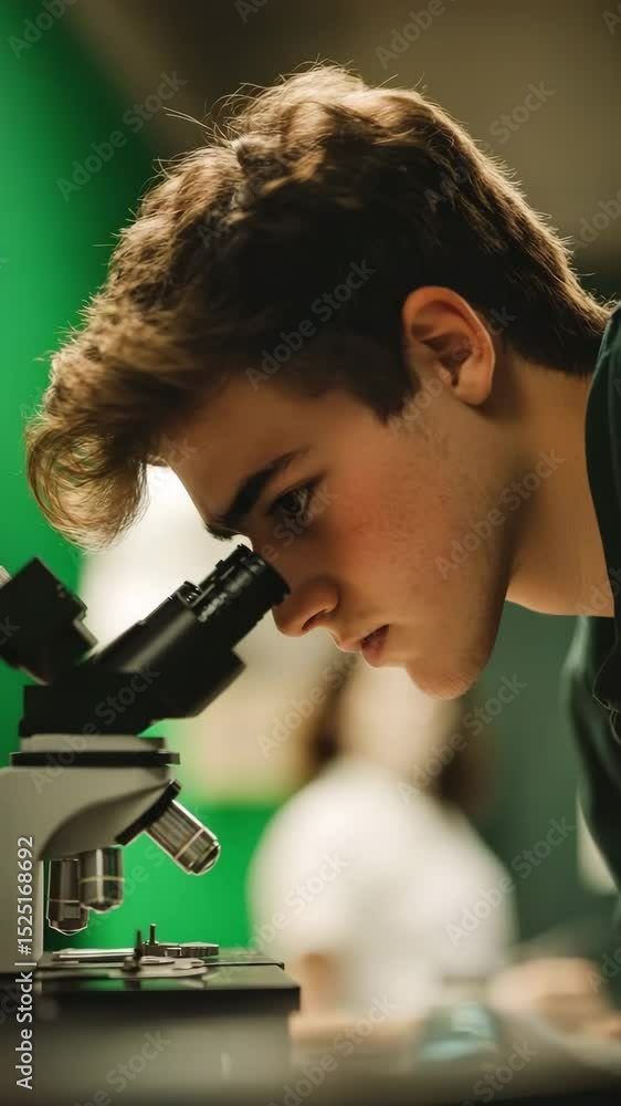 Aufkleber young scientist explores samples through microscope in laboratory setting