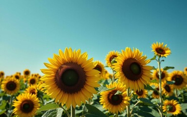 Obraz premium Sunflower field wallpaper in seamless floral pattern. Vivid yellow blooms, clear blue sky, DSLR clarity, soft lighting, no vignette, no people, perfect for high-resolution use.