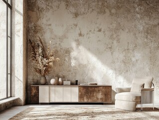 high resolution image of Light living room interior with sideboard and decoration. Empty wall high detail