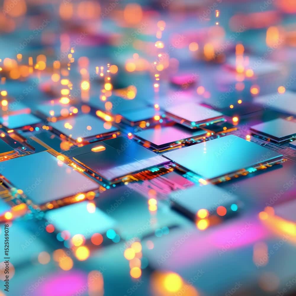 Poster vibrant display of interconnected circuits and data signals in a futuristic digital landscape