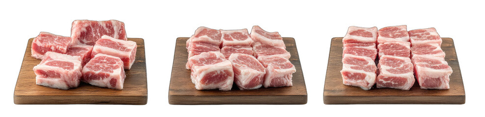 Cubed pork ribs on wooden boards