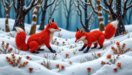 Naklejka premium a wool felt art showing a pair of red foxes playing in a snowy winter forest