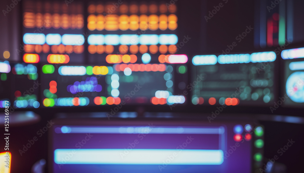 Poster control panel with screens displaying data and information in a darkened room.futuristic photos with