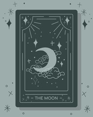 Minimalist tarot card illustration depicting "The Moon" with crescent moon, clouds, and stars in soft gray tones