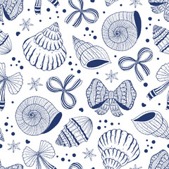 Seamless pattern coquette seashell and ribbon bow. Vector illustration.