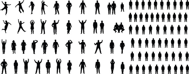 Diverse human silhouettes in dynamic dancing and static standing poses vector set, black isolated figures for design, presentation, infographic use