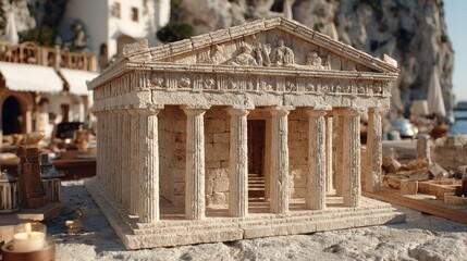 Obraz premium Ancient architectural model with intricate columns and detailed carvings set in a serene outdo