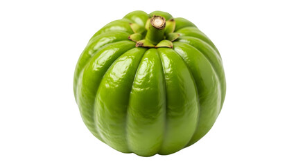 A close up shot of a green garcinia cambogia fruit against a black background isolated on white background, tarensparent background, png, jpg,jpeg,  on transparent background