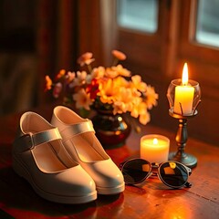 A cinematic-style image of a table with white shoes, sunglasses, and flowers, rendered in natural earth tones with generative ai