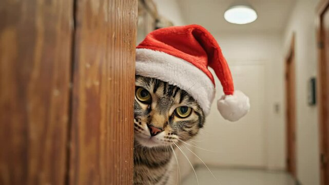 A cute cat peeks through a doorway, wearing a Santa Claus hat for the festive season. This whimsical pet is ready for holiday cheer.