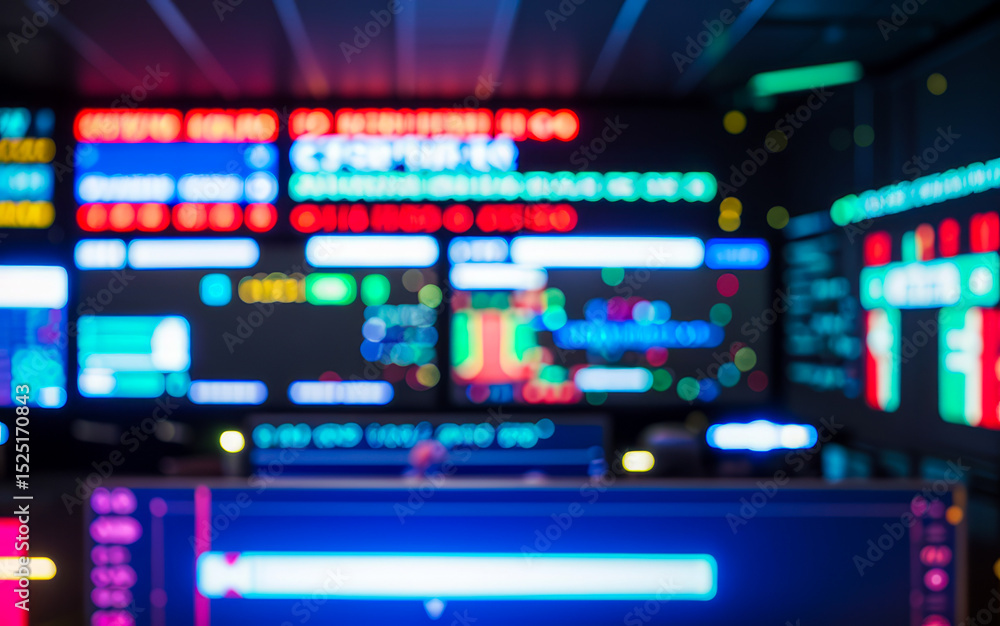 Poster multiple screens display data and graphs in a dark room with neon lights.futuristic photos with prem