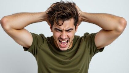 Frustrated young man expressing anger in studio setting emotional portrait indoor close-up perspective