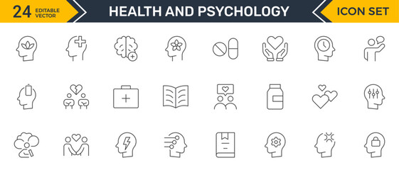 Set of Mental Health and Psychology Icons: A Complete Collection for Therapy Sessions, Counseling, Emotional Well-being, Support Services, and Wellness Programs