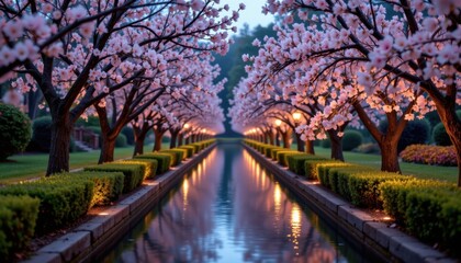 Cherry blossom pathway at twilight serene park photography tranquil environment landscape view nature's beauty