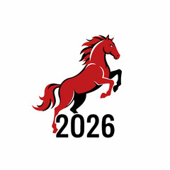 Fiery horse symbol 2026 year. Red horse rearing up on hind legs, flames in mane and tail.  Powerful fiery horse, perfect for 2026 New Year or Christmas cards, invitations, and calendars.
