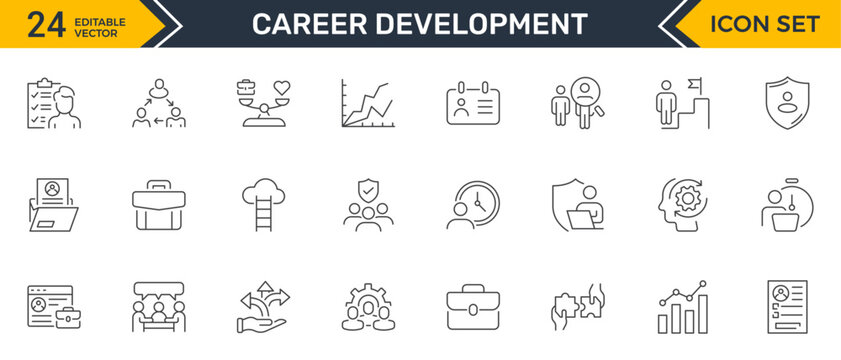 Set of outline icons related to career development. Linear icon collection. Editable stroke. Vector illustration