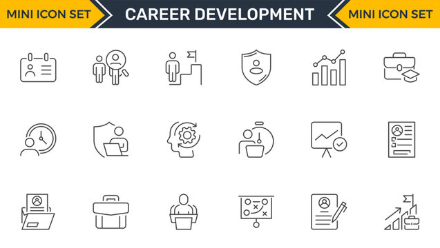 Set of outline icons related to career development. Linear icon collection. Editable stroke. Vector illustration