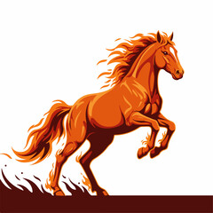 Fiery horse symbol of 2026 year.  Majestic fiery horse rearing up with flowing mane and tail.  Intense orange and brown hues create dynamic image.